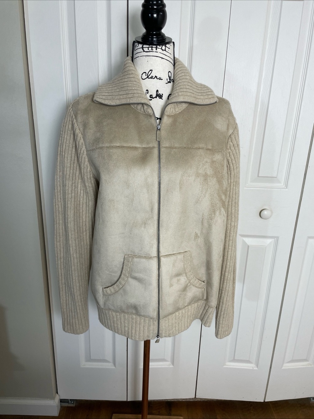 Lauren Ralph Lauren Suede & Lambs Wool Sweater XL Full Zip Tan Faux Fur Lining